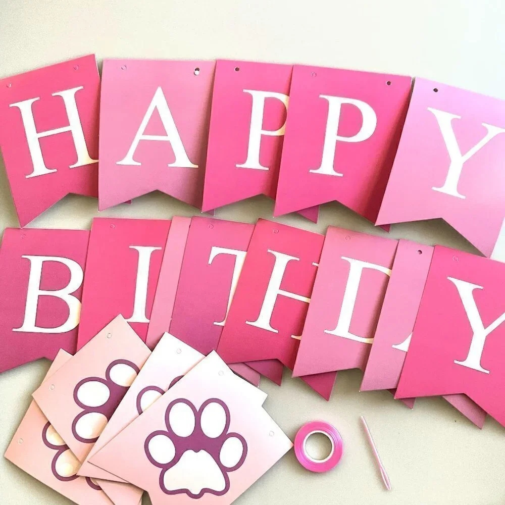HAPPY BIRTHDAY DOG BANDANA HAT BANNER  PARTY SET, PINK